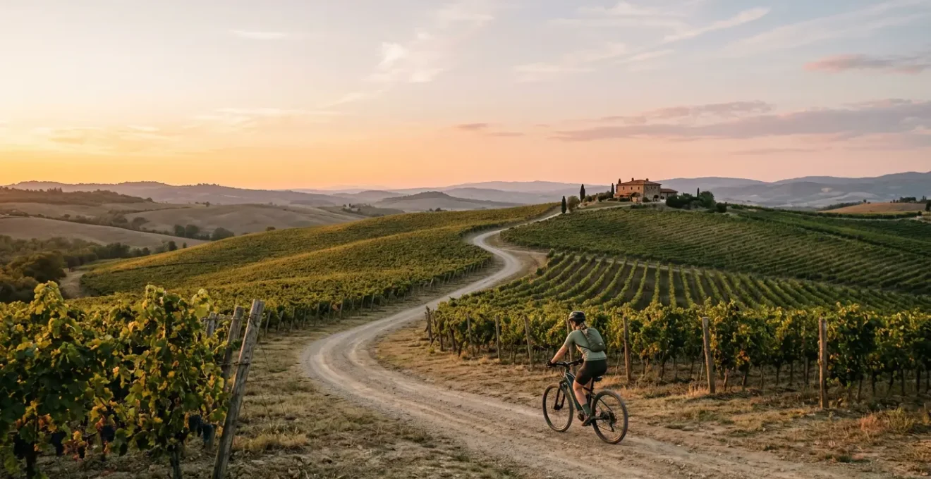 Ciclista su e-bike attraversa vigneti collinari al tramonto con cantina sullo sfondo