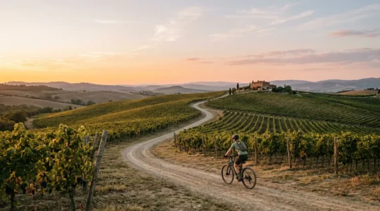 Ciclista su e-bike attraversa vigneti collinari al tramonto con cantina sullo sfondo