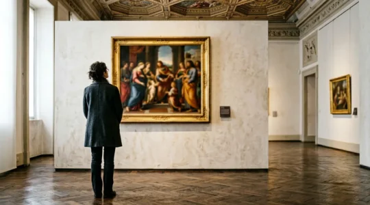 Visitatore in contemplazione davanti a un dipinto rinascimentale in una pinacoteca italiana
