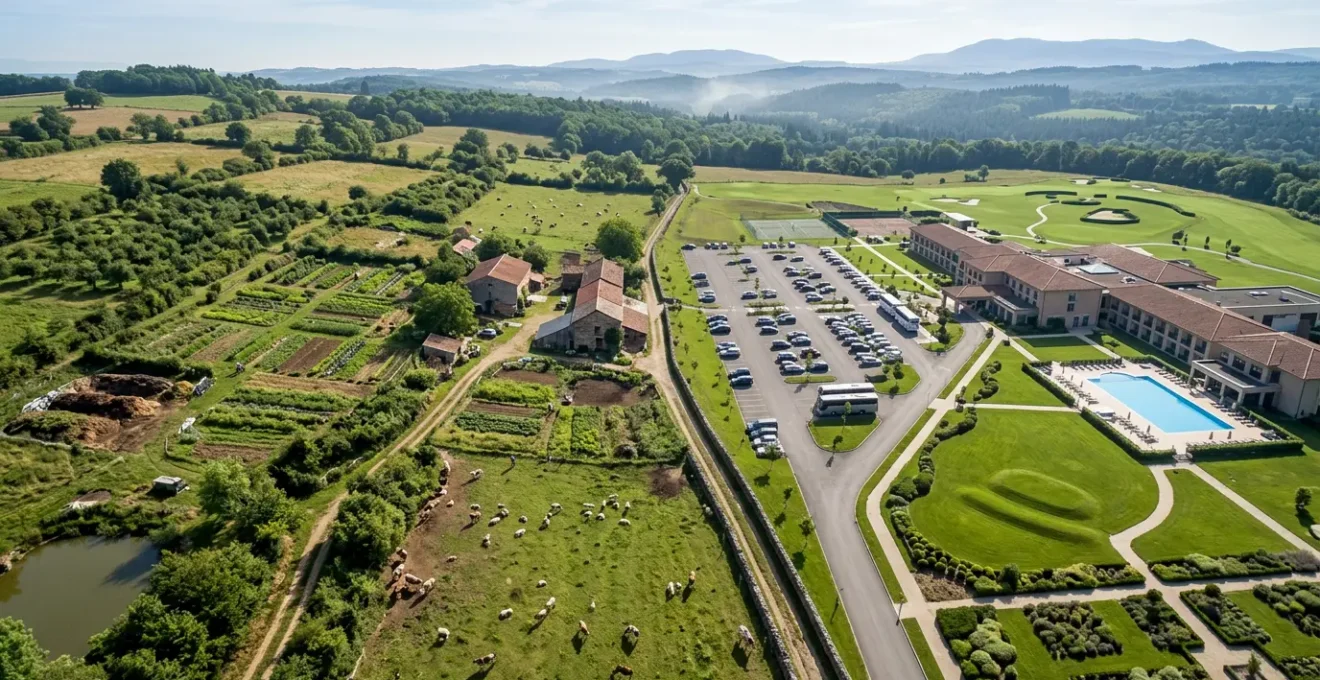 Confronto visivo tra un vero agriturismo biologico con campi coltivati e una struttura turistico-commerciale con solo piscina