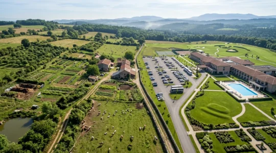 Confronto visivo tra un vero agriturismo biologico con campi coltivati e una struttura turistico-commerciale con solo piscina