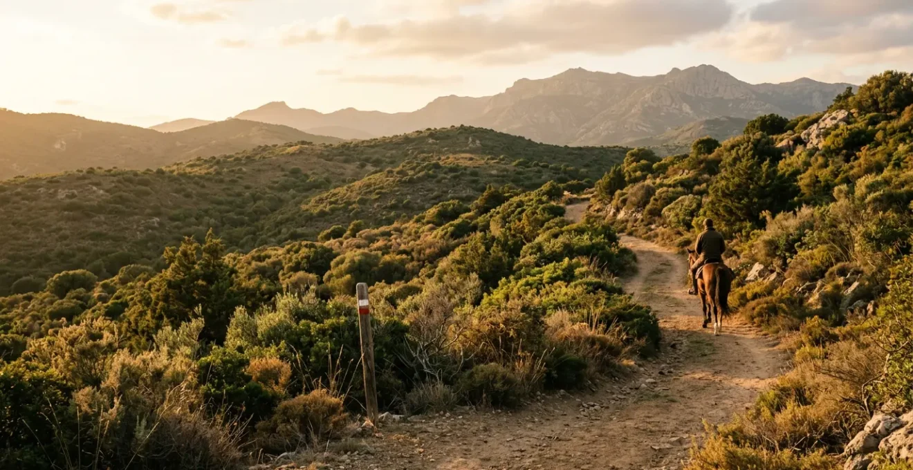 Cavaliere su sentiero segnato in riserva naturale con vegetazione mediterranea protetta
