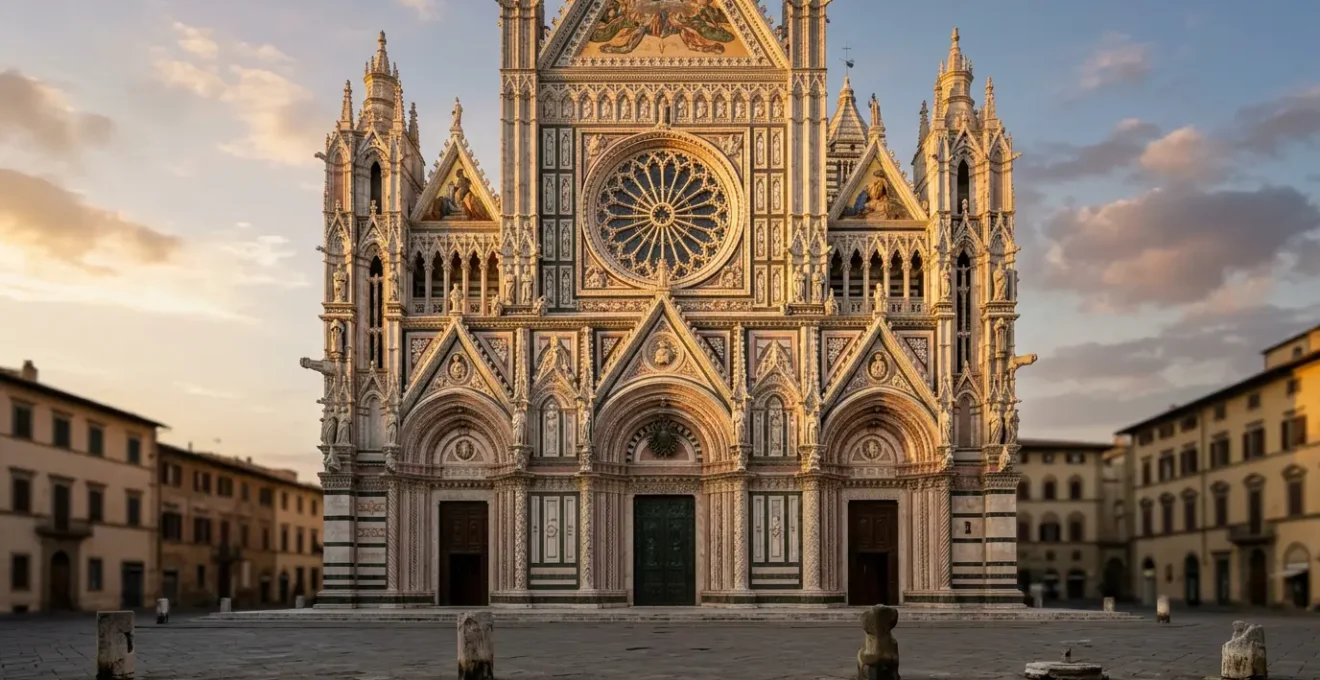 Facciata di cattedrale gotica italiana con dettagli scultorei, marmi policromi e luce del tramonto