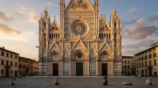 Facciata di cattedrale gotica italiana con dettagli scultorei, marmi policromi e luce del tramonto