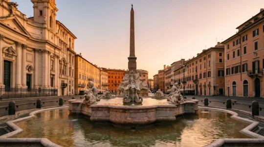 Fontana barocca italiana al tramonto con giochi di luce dorata sulle sculture