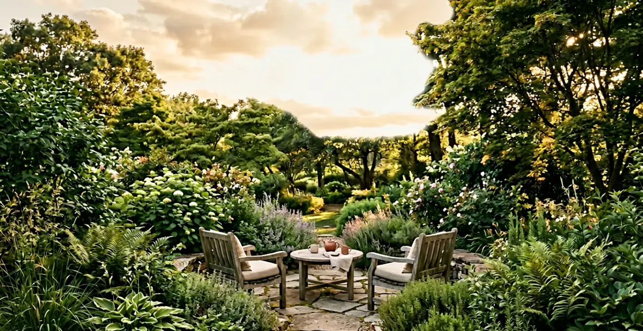 Ospite immerso in un giardino rigenerante con luce naturale e vegetazione per digital detox e benessere