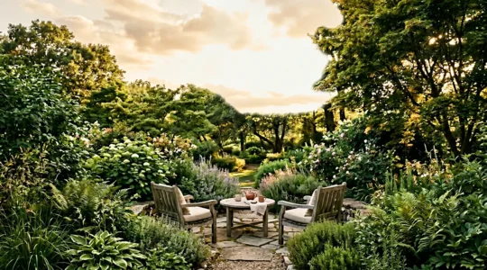 Ospite immerso in un giardino rigenerante con luce naturale e vegetazione per digital detox e benessere