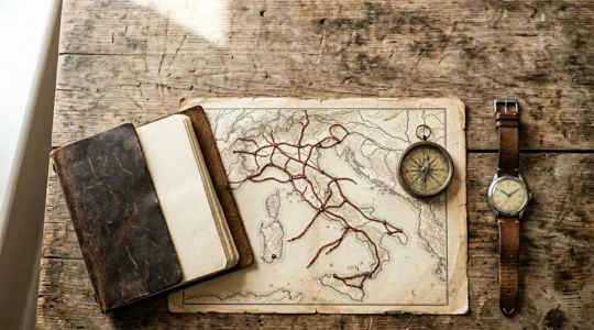 Planimetria stilizzata di collegamenti ferroviari tra città d'arte italiane con fili luminosi su mappa vintage