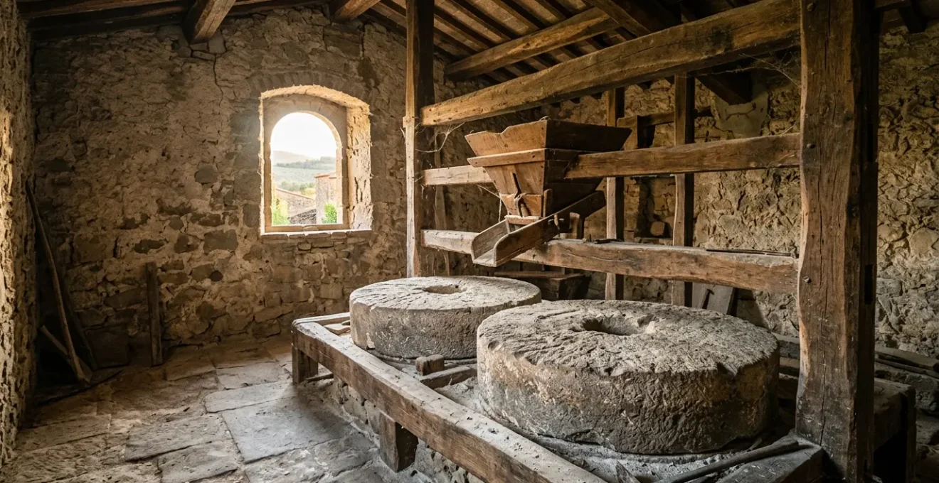 Macine in pietra naturale all'interno di un antico mulino italiano ancora funzionante