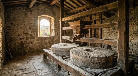 Macine in pietra naturale all'interno di un antico mulino italiano ancora funzionante