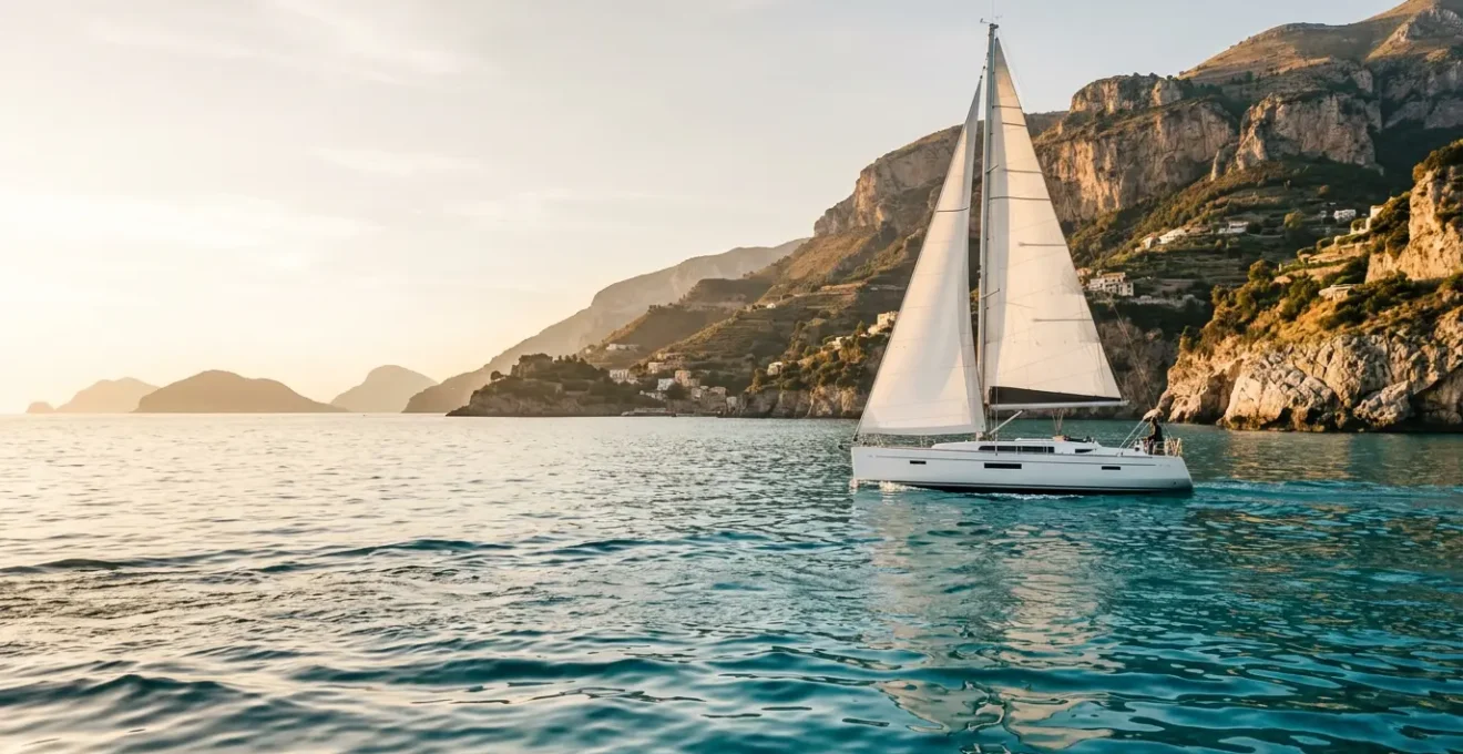 Barca a vela che naviga in un golfo italiano al tramonto con costa e isole sullo sfondo