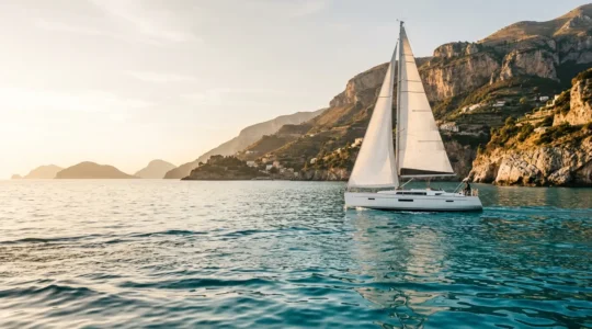 Barca a vela che naviga in un golfo italiano al tramonto con costa e isole sullo sfondo