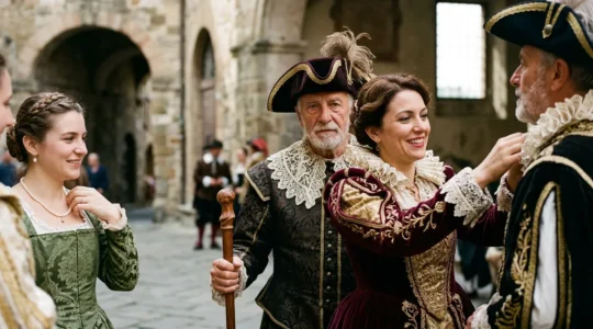 Figuranti in costumi storici barocchi durante una rievocazione storica italiana