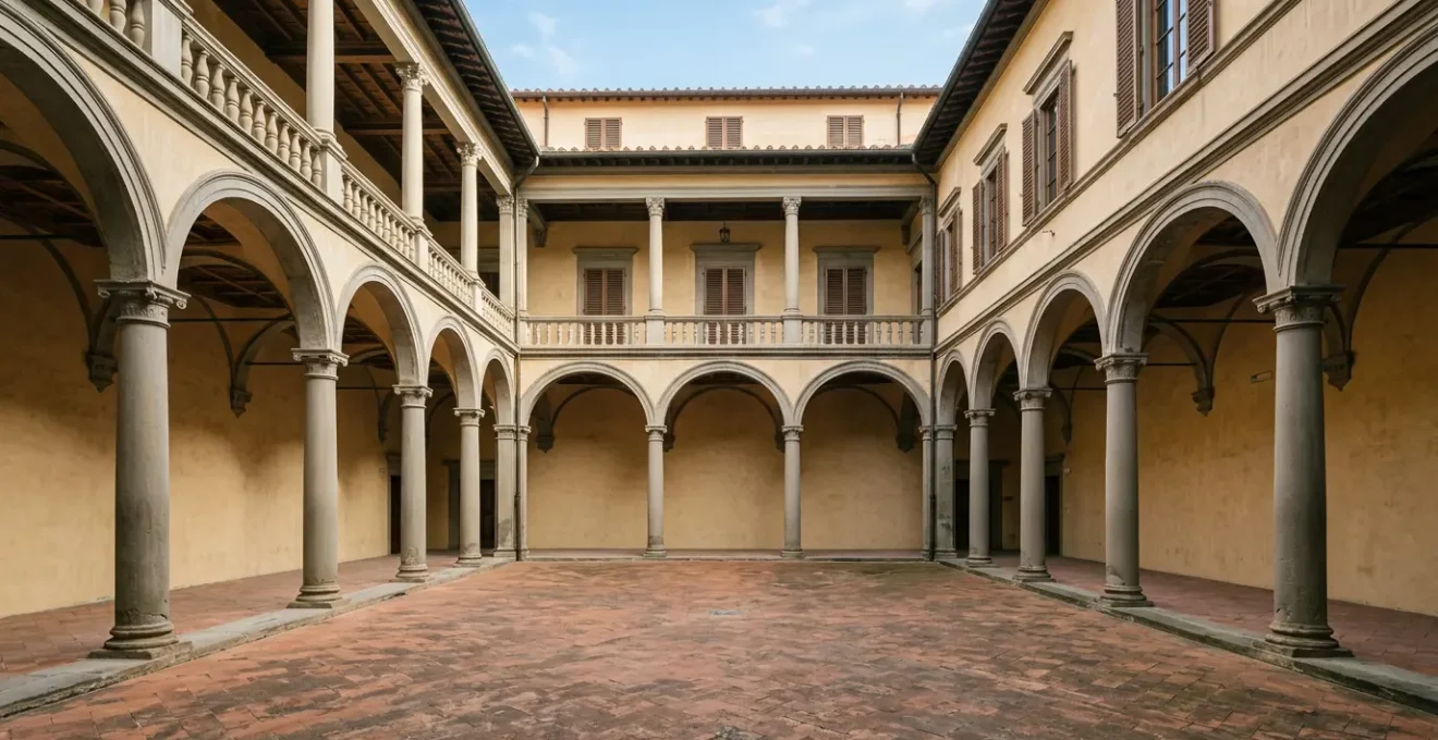 Cortile porticato di un palazzo rinascimentale con colonne e loggiato, luce naturale e architettura storica