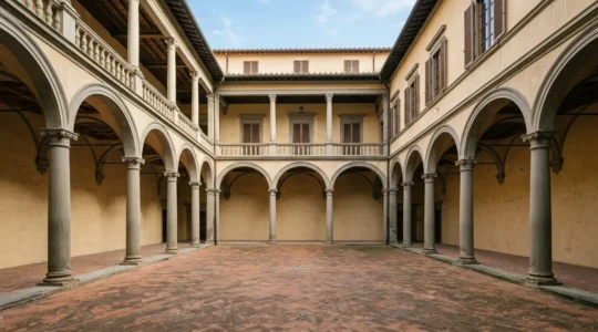 Cortile porticato di un palazzo rinascimentale con colonne e loggiato, luce naturale e architettura storica