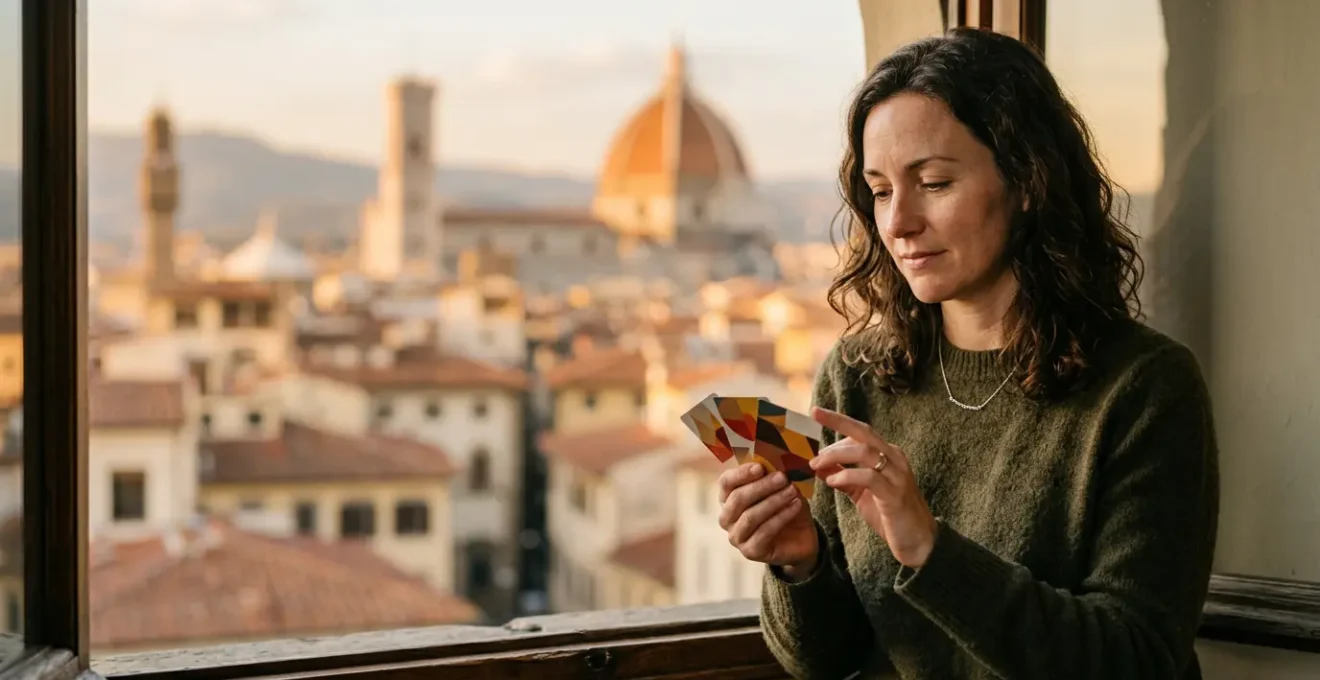 Visitatore contemplativo davanti a diverse tessere turistiche per musei italiani
