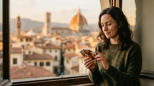 Visitatore contemplativo davanti a diverse tessere turistiche per musei italiani