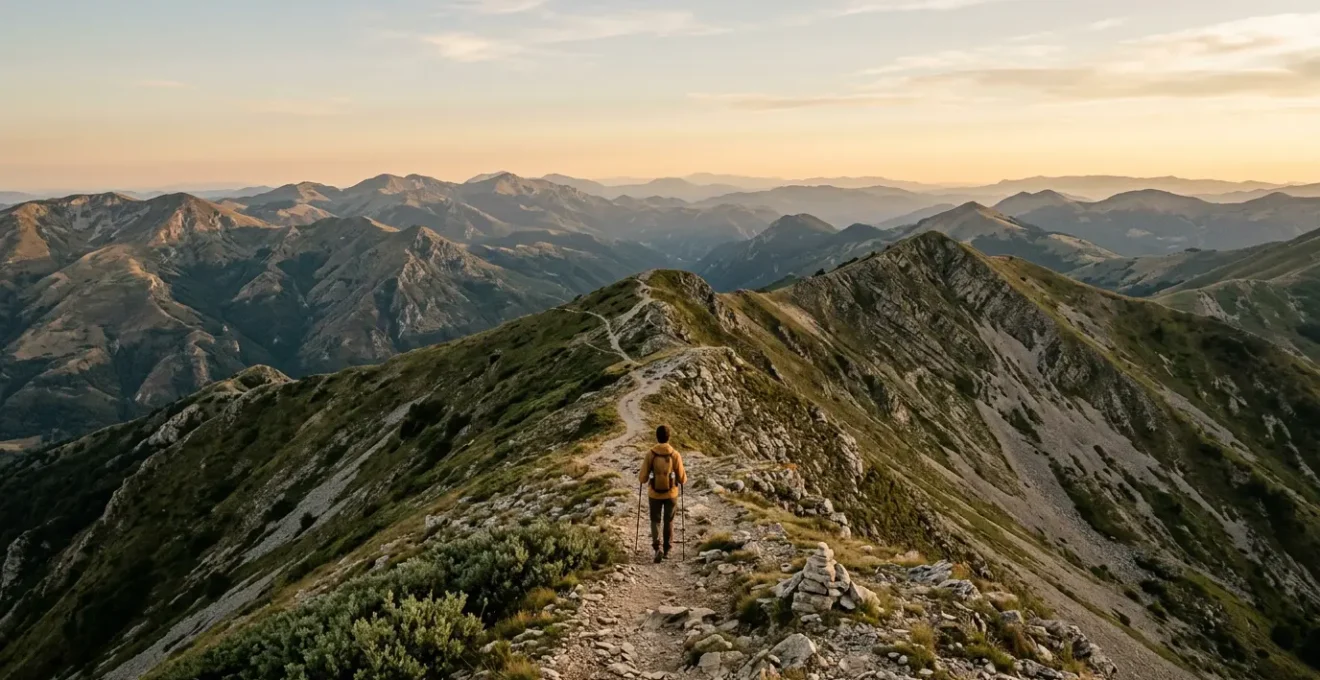 Escursionista su sentiero di crinale degli Appennini con vista panoramica sulle montagne