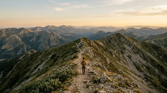 Escursionista su sentiero di crinale degli Appennini con vista panoramica sulle montagne