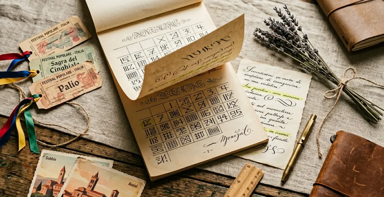 Calendario tradizionale italiano con annotazioni di feste folkloristiche e dettagli culturali autentici