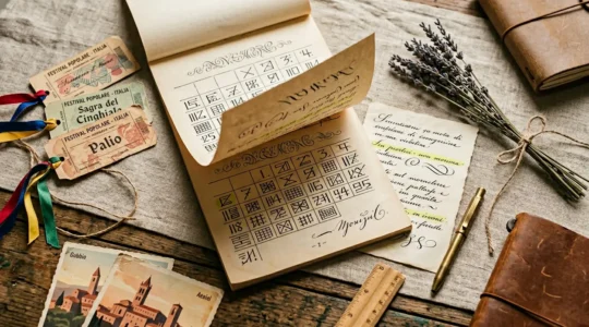 Calendario tradizionale italiano con annotazioni di feste folkloristiche e dettagli culturali autentici