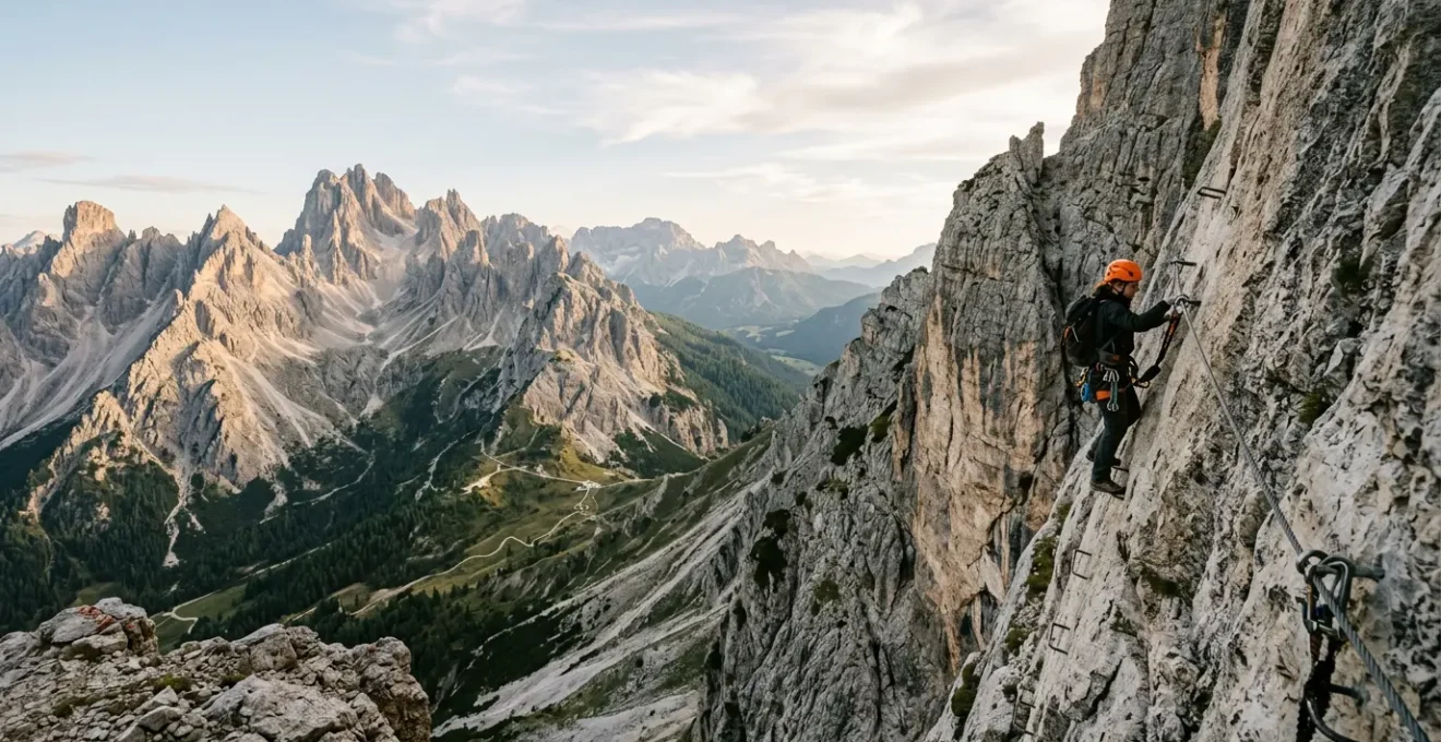 Scalatore principiante su via ferrata nelle Dolomiti con panorama montano
