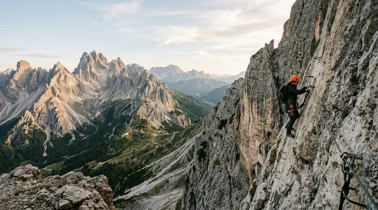 Scalatore principiante su via ferrata nelle Dolomiti con panorama montano