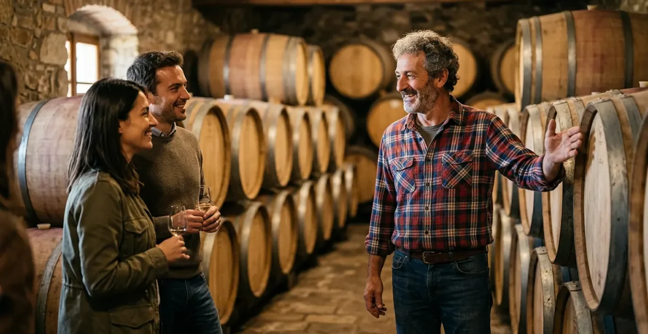 Produttore di vino che accoglie visitatori tra botti di rovere in cantina tradizionale italiana