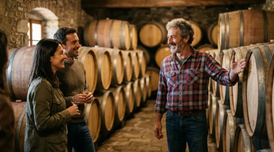 Produttore di vino che accoglie visitatori tra botti di rovere in cantina tradizionale italiana