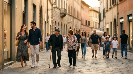 Persone che passeggiano in una piazza storica italiana al tramonto con architettura rinascimentale