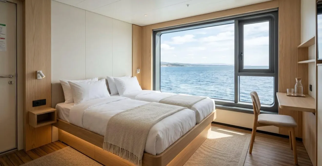 Interno di una cabina moderna su un traghetto diretto in Corsica, con letti puliti e ampia finestra vista mare