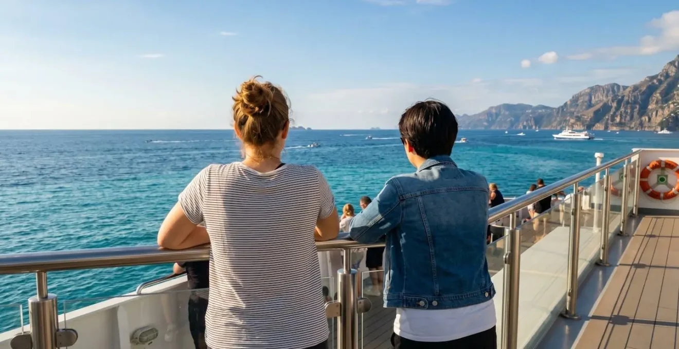 Una coppia giovane vista di spalle osserva l'orizzonte marino dal ponte di un traghetto moderno in una giornata estiva