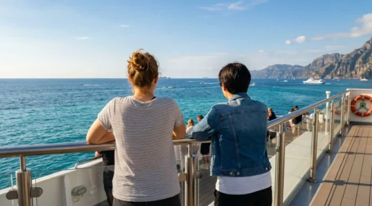 Una coppia giovane vista di spalle osserva l'orizzonte marino dal ponte di un traghetto moderno in una giornata estiva