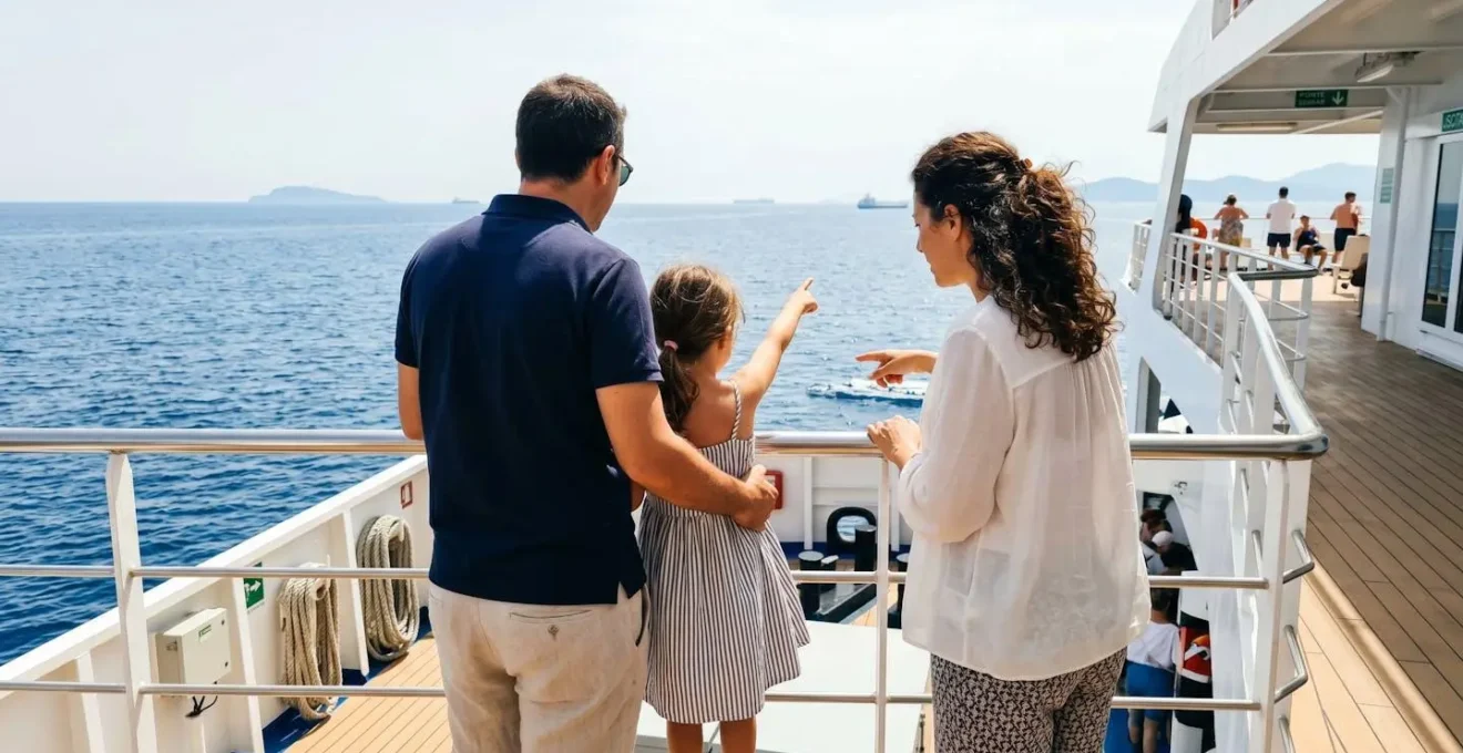 Una famiglia italiana osserva il Mar Mediterraneo dal ponte di un traghetto moderno diretto in Corsica
