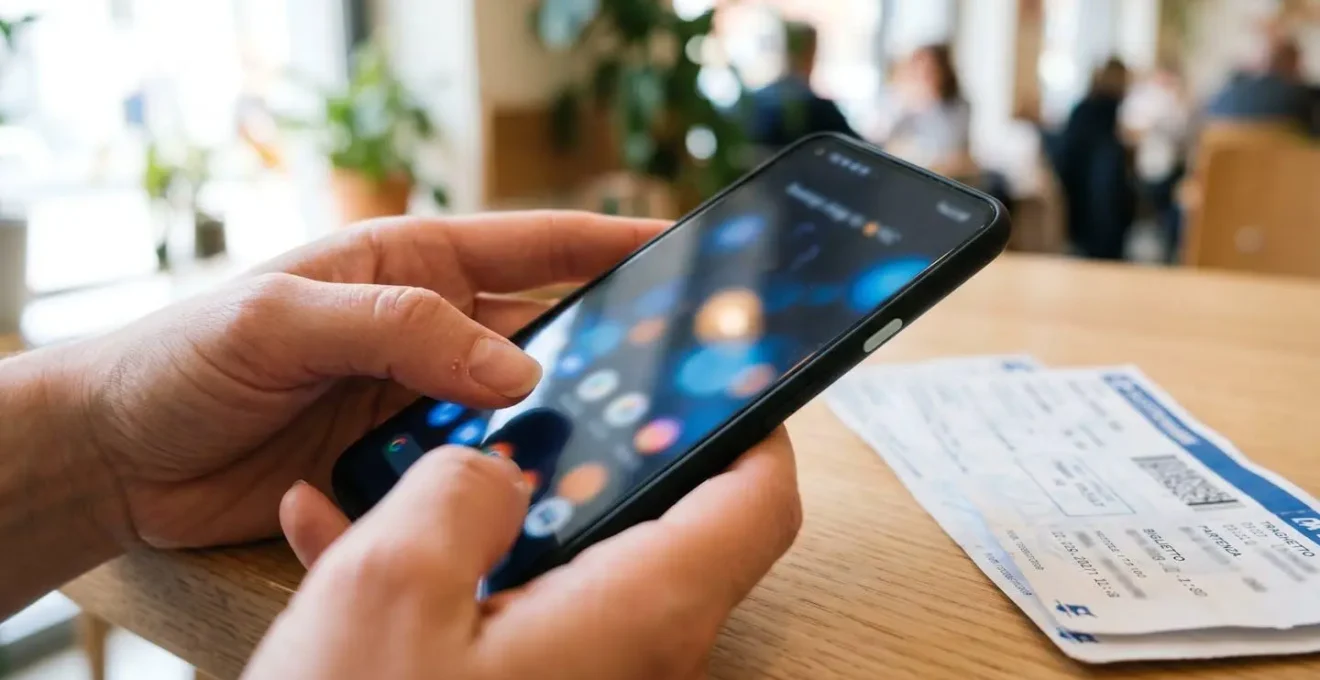 Primo piano di mani che digitano su uno smartphone moderno con schermo sfocato, biglietti traghetto appoggiati su un tavolo pulito