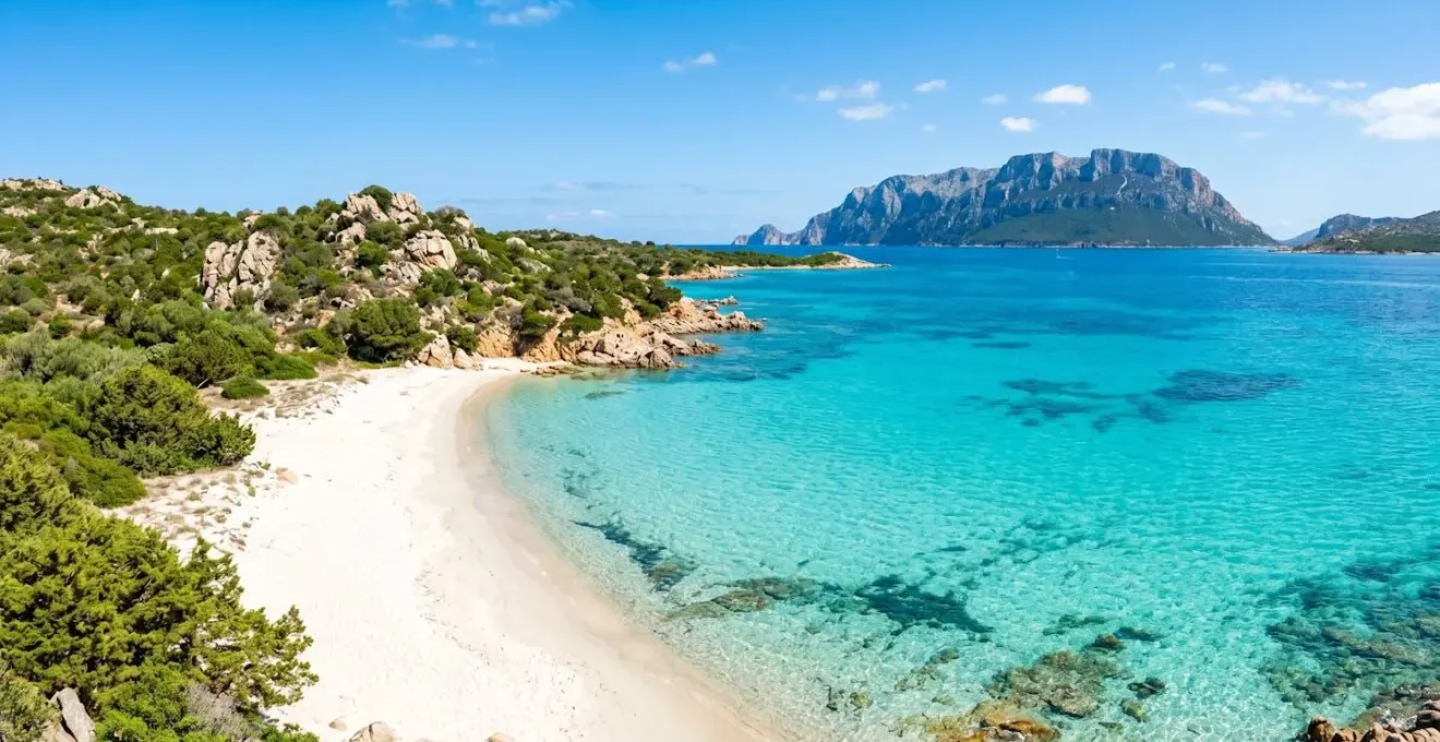 Veduta panoramica della costa sarda con acqua turchese cristallina e spiaggia di sabbia bianca sotto cielo azzurro