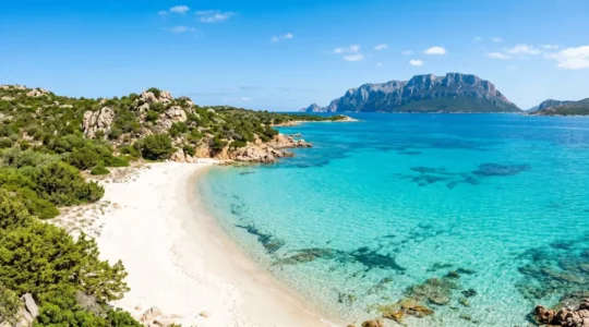 Veduta panoramica della costa sarda con acqua turchese cristallina e spiaggia di sabbia bianca sotto cielo azzurro