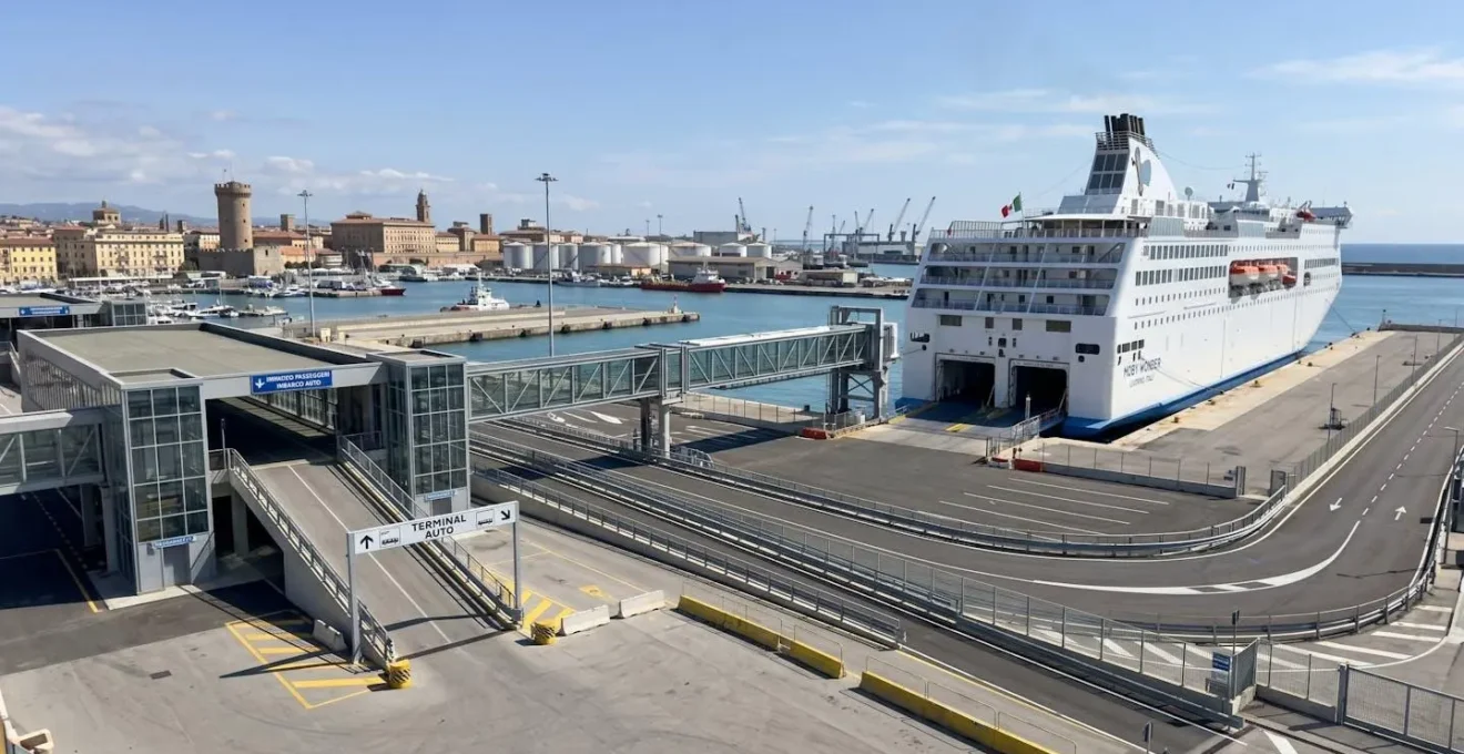 Vista grandangolare del porto commerciale di Livorno con banchine attrezzate per l'imbarco veicoli e un traghetto bianco moderno visibile sullo sfondo
