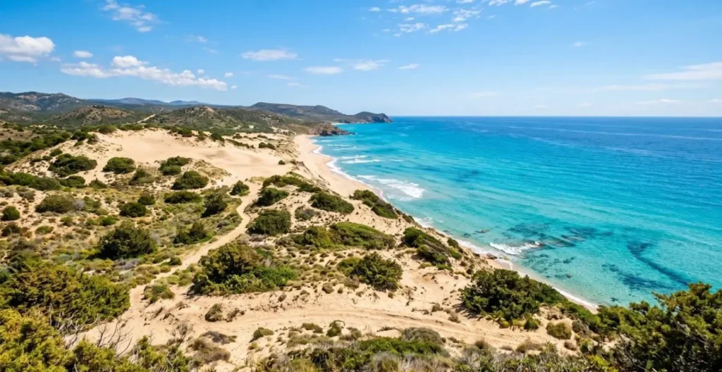 Dune sabbiose della Costa Verde con vegetazione mediterranea e mare turchese sullo sfondo Dune sabbiose della Costa Verde con vegetazione mediterranea e mare turchese sullo sfondo