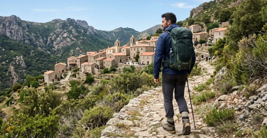 Escursionista visto di spalle su sentiero di montagna nella Barbagia con villaggio tradizionale sfocato sullo sfondo Escursionista visto di spalle su sentiero di montagna nella Barbagia con villaggio tradizionale sfocato sullo sfondo